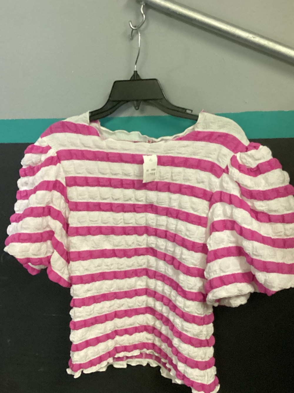 Kaktus Pink and White Striped Puff-Sleeve Blouse